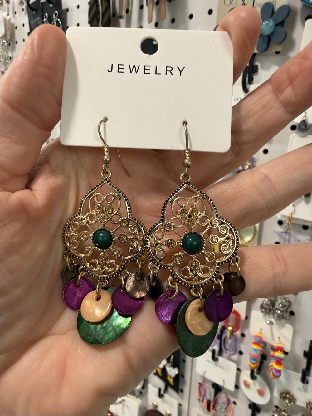 Gold Filigree Drop Earrings with Green and Purple Accents
